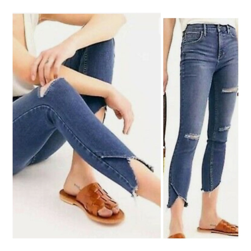Free People We The Free Distressed Sunny 9” High Rise Raw Hem Skinny Jeans Sz 24
